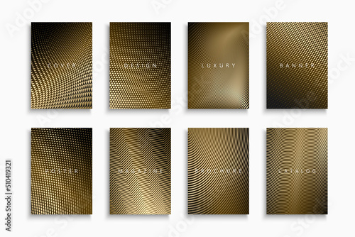 Collection of gold luxury covers, templates, backgrounds, placards, brochures, banners, flyers and etc Abstract minimalistic posters, cards, catalogs. Dotted and striped halftone design