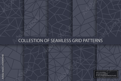 Collection of vector seamless geometric polygonal patterns - elegant dark design. Gray abstract ornamental backgrounds. Mosaic trendy prints