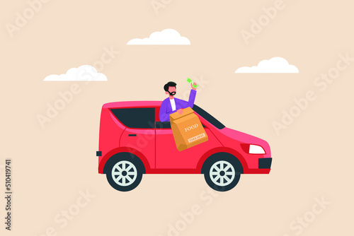 Happy Customer hold money and paper bag, orders food without Leaving red car  or using drive thru. Take away and service concept. Colored flat graphic vector illustration.