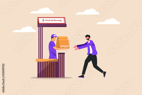 Cheerful waitress give a paper bag with take away food to customer. Take away and service concept. Colored flat graphic vector illustration.