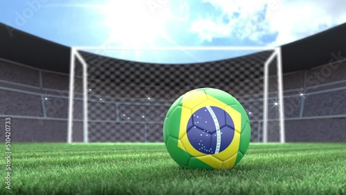 Brazil soccer ball, rolling into stadium with camera flashes. 3D animation