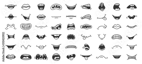 Doodle smile. Cartoon mouth with different face expression, laugh anger and scary emotion pop art sketch. Vector hand drawn funny mouths isolated collection
