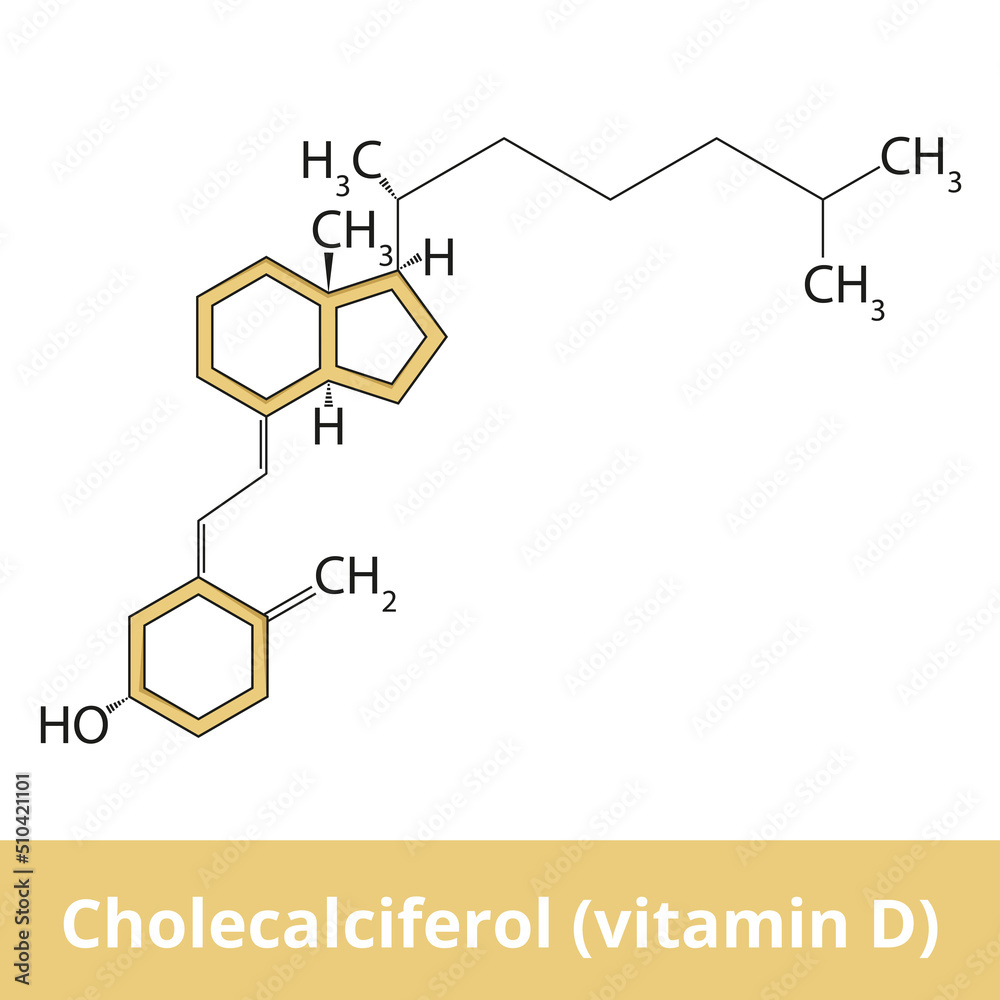 Chemical structure of cholecalciferol (vitamin D). Known as vitamin D3 and cholecalciferol, is a