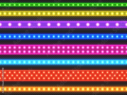 LED light tape. Seamless realistic colorful LED decorative strip of different size and types, glowing decorative light effect. Vector illuminated line set