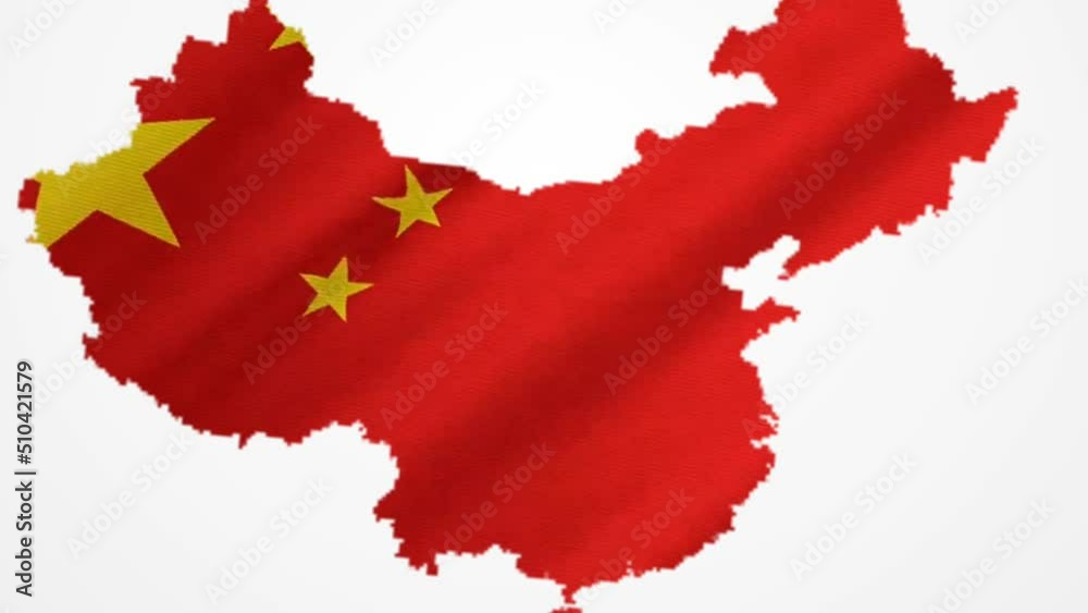 Flying and wavy China flag map with graphic motion. white background with objects moving large to small and rotating