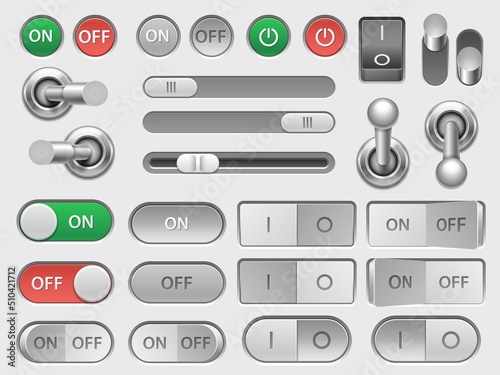 Toggle switch. On off slider and adjustable button, user interface skeuomorphic elements for option menu. Vector switches isolated set photo
