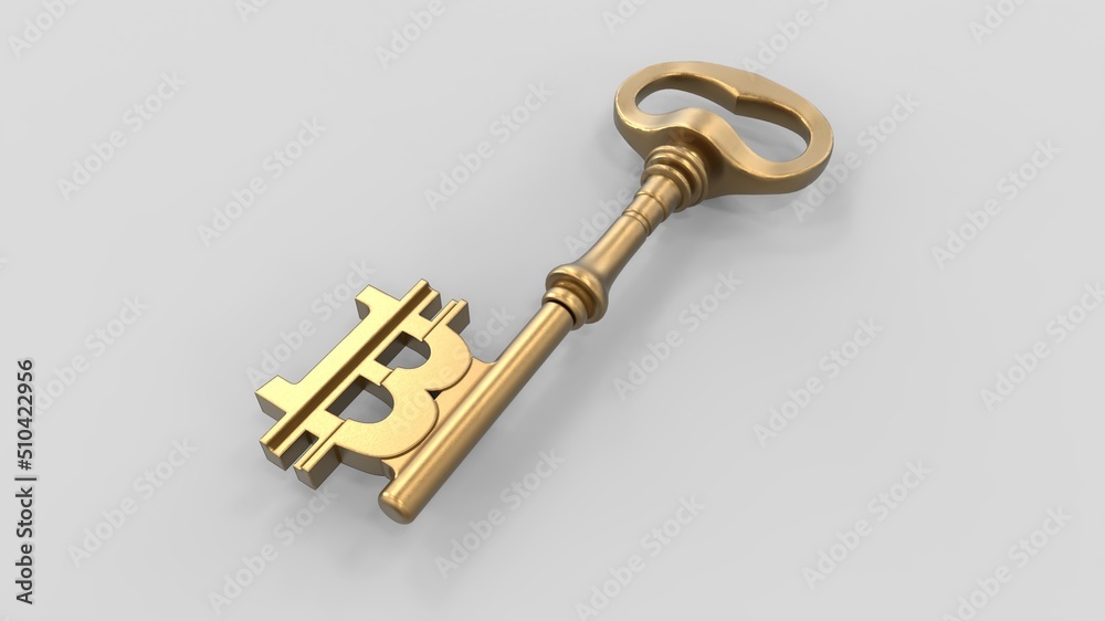 Golden key with bitcoin sign on the white background. Gold key success concept. 3d illustration Golden key with bitcoin sign on the white background. Gold key success concept. 3d illustration