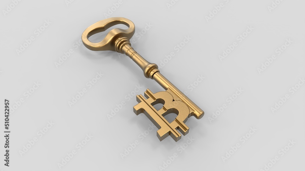 Golden key with bitcoin sign on the white background. Gold key success concept. 3d illustration Golden key with bitcoin sign on the white background. Gold key success concept. 3d illustration