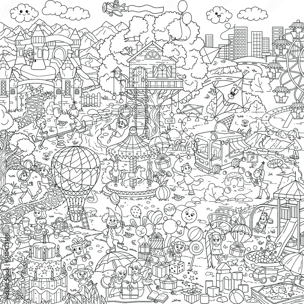 Black and white contour children's square large coloring poster. Ready file for printing. A children's holiday and a festival in nature.