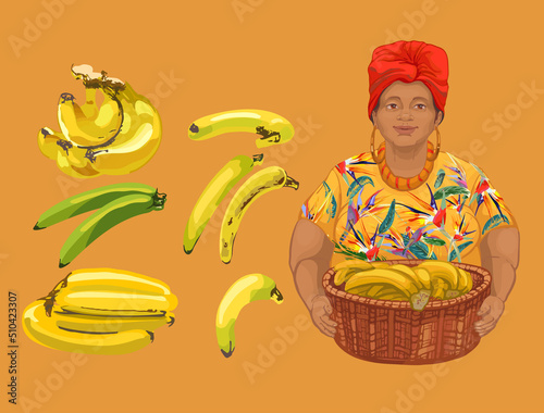 737_banana_woman with dark skin bananas from different angles, whole, cartoon banana slices, banana peel, yellow tropical fruits, banana snacks or vegetarian food, dark-skinned African woman in bright