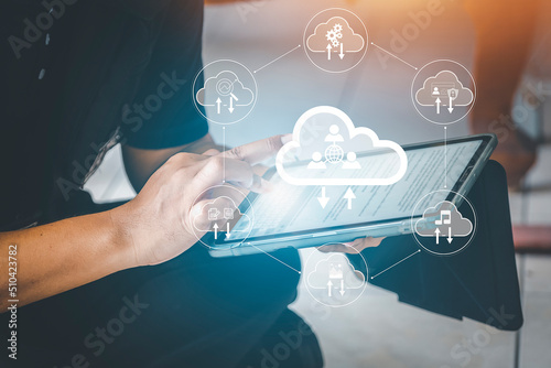 remote work, born in cloud and digital native business concept. man use Digital tablet with cloud economic team diagram show virtual desktop. Cloud technology. modernization business