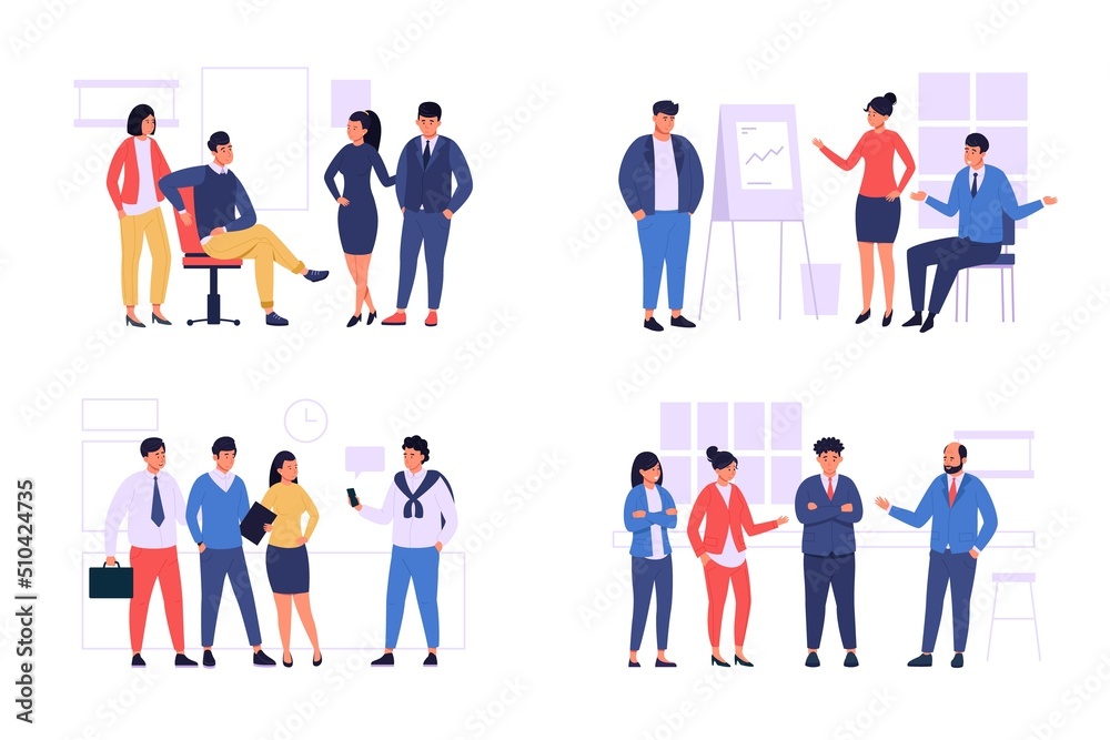 Office team group. Business people standing together and communicating, happy successful diverse corporate employees. Vector coworkers and partnership concept
