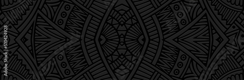 Banner, unique cover design. Embossed 3D pattern on a black background. Ethnic, tribal ornaments of East, Asia, India, Mexico, Aztecs, Peru for brochure, booklet, flyer, website.