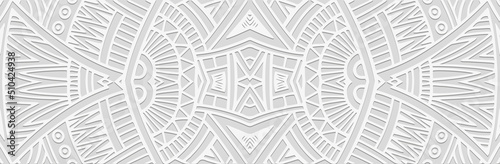 Banner, exotic cover design. Embossed 3D pattern on a white background. Ethnic, tribal ornaments of East, Asia, India, Mexico, Aztecs, Peru for brochure, booklet, flyer, website.
