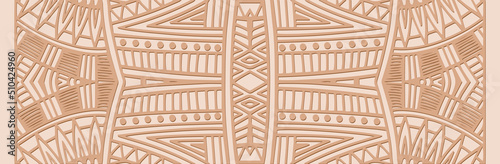 Banner, vintage cover design. Embossed 3D pattern on a beige background. Ethnic, tribal ornaments of East, Asia, India, Mexico, Aztecs, Peru for brochure, booklet, flyer, website.