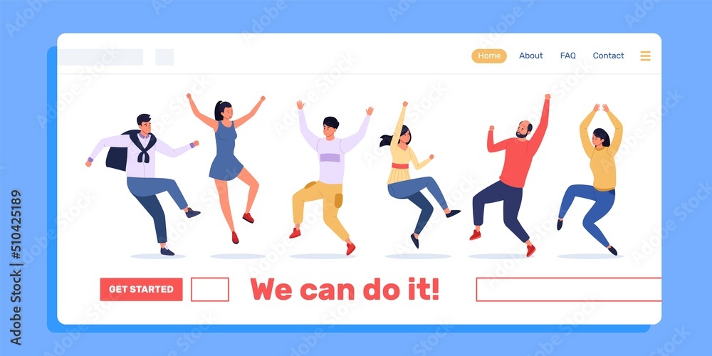 Jumping people landing. Web page template with happy friends dancing together and have fun. Vector positive motivation and success concept Jumping people landing. Web page template with happy friends dancing together and have fun. Vector positive motivation and success concept