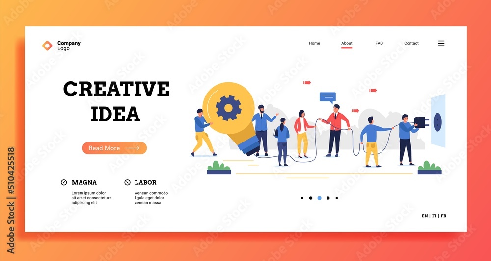 Creative idea landing. Web site template with group of coworkers working together on problem solution concept. Vector business illustration