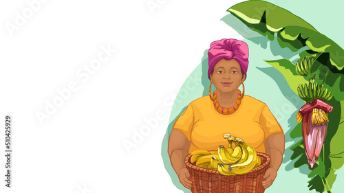 751_banana_woman with dark skin background template with exotic tropical plant, part of a palm tree with green leaves, purple flower and ripe banana fruits, suitable for web design, website design, me