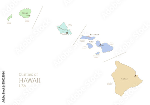 Administrative map of Hawaii, island American federal state. USA state highly detailed map with territory borders and counties names labeled realistic vector illustration photo