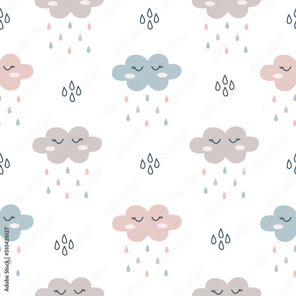 Cute cloud seamless pattern background. Children print with eyelash clouds on white background. Design for kids birthday card, wallpaper or fabric, baby shower invitation template.