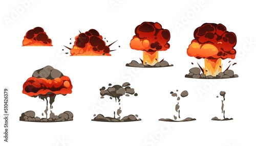 Explosion animation kit. Cartoon bomb detonation comic effect with fire and smoke, energy blast and firework explode game asset. Vector explosion graphic set