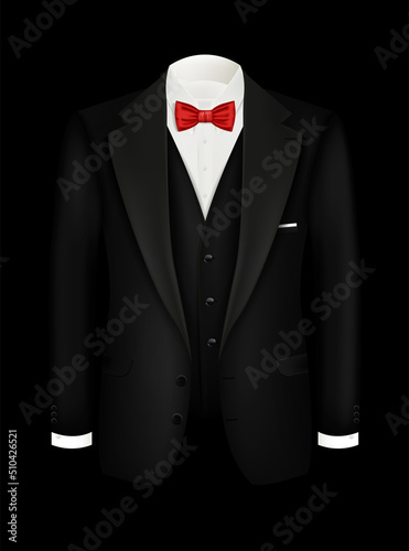 Vector realistic tuxedo background with bow. Black men's suit, tuxedo with vest and white shirt. Illustration design of male symbols for invitations, corporate parties