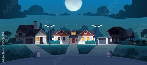 Suburban night street. Cartoon neighborhood country houses with lawn bushes and trees at night. Vector late evening town landscape