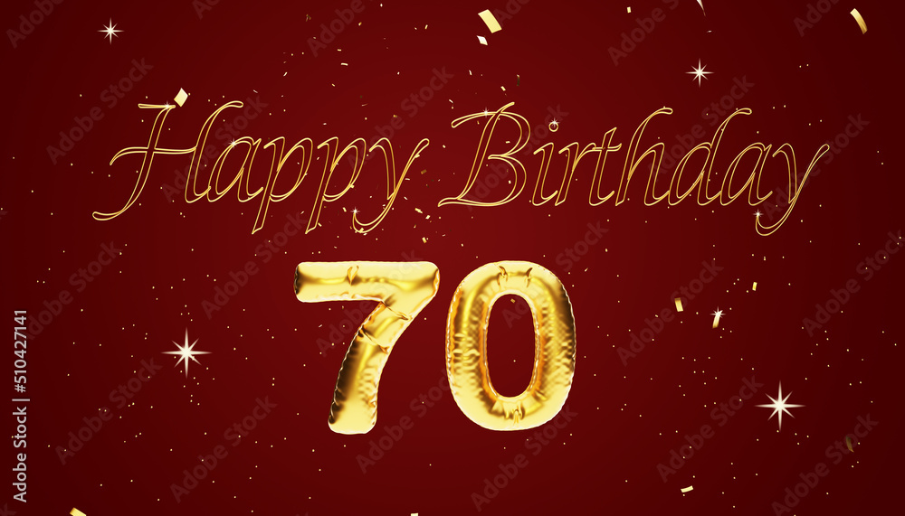 Seventy years birthday Anniversary number 70  foil gold balloon. Happy birthday, congratulations poster. Golden numbers with sparkling golden confetti on Red Background. 3D Rendering