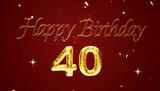Fourty years birthday Anniversary number 40  foil gold balloon. Happy birthday, congratulations poster. Golden numbers with sparkling golden confetti on Red Background. 3D Rendering