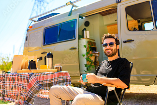 Εκτύπωση καμβά young indian man vacation travel RV, holiday trip in motorhome in mountain