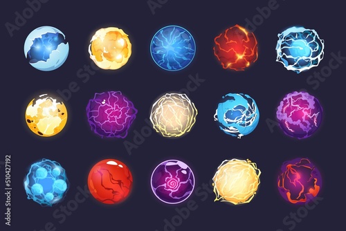 Cartoon energy spheres. Magic fantasy orb asset for 2D game, witchcraft prophesy globe and crystal sphere with shiny sparks sprite collection. Vector set photo