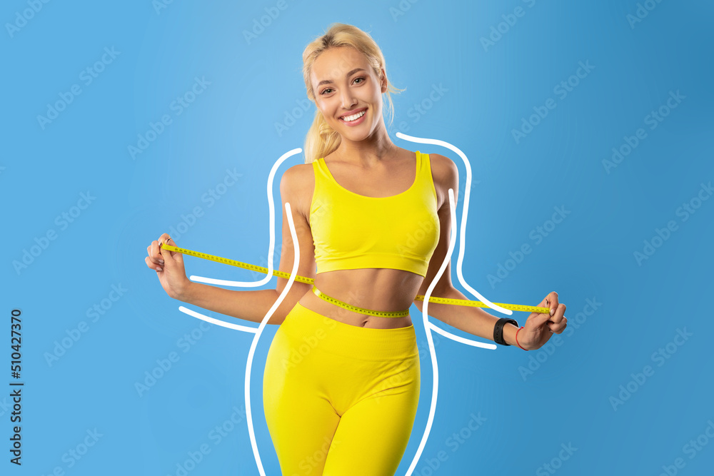 Blonde woman measuring waist, sharing weight loss result, being happy over slimming process, keeping healthy diet - obrazy, fototapety, plakaty 