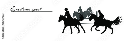 a set of silhouettes. a rider jumping over an obstacle on a horse, isolated images, a black silhouette on a white background.