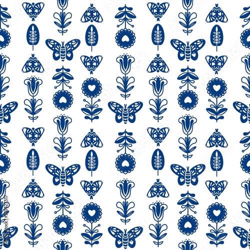 Seamless folk art vector pattern with butterflies  and flowers. Scandinavian navy blue repetitive floral design. Retro style navy blue ornament. Scandi endless background.