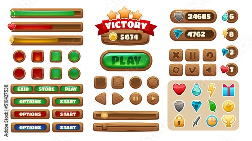 Cartoon game UI. Wooden interface buttons icons panels progress-bars check-box asset, GUI menu and level construction kit. Vector isolated set