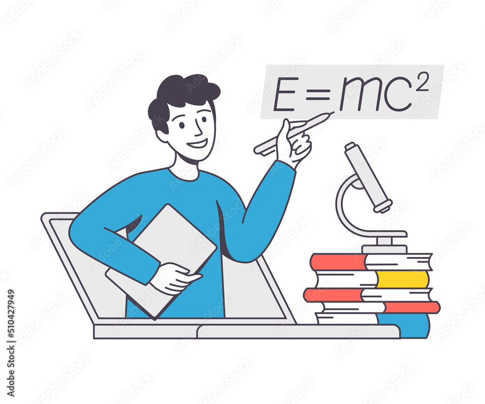 Online Learning with Man Instructor Teaching Formula Engaged in Virtual Classes Outline Vector Illustration Online Learning with Man Instructor Teaching Formula Engaged in Virtual Classes Outline Vector Illustration