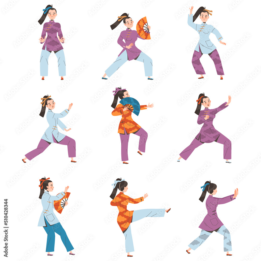 Woman Character in Kimono with Fan Practicing Tai Chi and Qigong Exercise as Internal Chinese Martial Art Vector Illustration Set