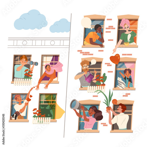 People Neighbor in Open Window Talking and Looking in Binoculars Vector Set