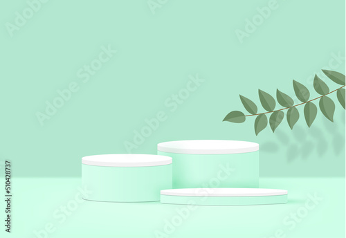 Premium green podium scene with green leaf geometric background.