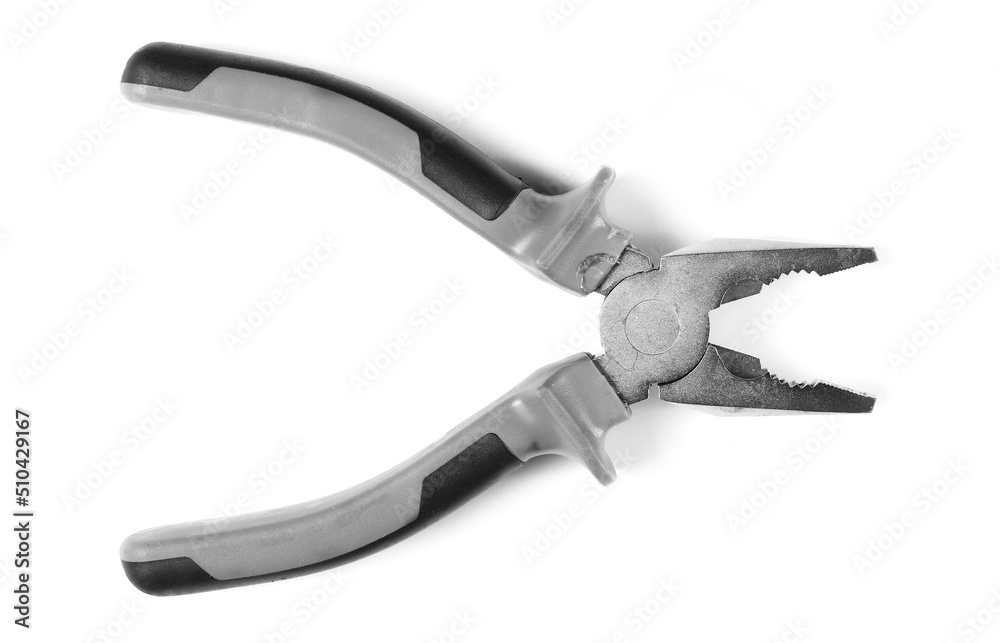 Metal pliers open, nippers isolated on white, top view Metal pliers open, nippers isolated on white, top view