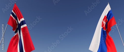 Canvas Print Flags of Norway and Slovakia on flagpoles on sides