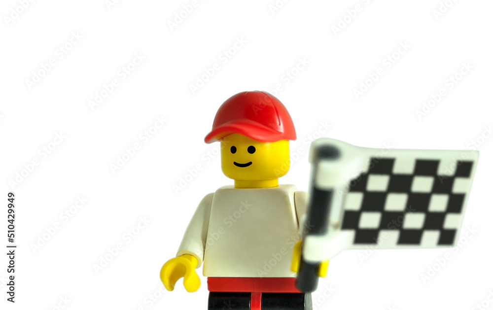 Pessoa da linha de meta, símbolo de homem com bandeira de xadrez da linha  de meta, boneco de lego Stock Photo | Adobe Stock