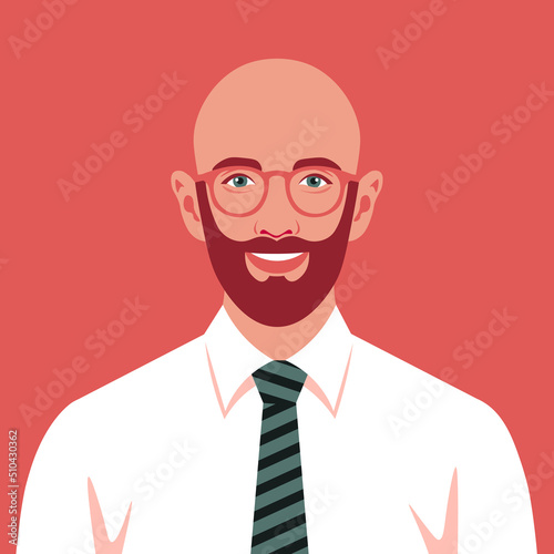 Portrait of a happy bearded bald man with necktie. Avatar of a successful businessman with eyeglasses. Smiling politician. Vector flat illustration