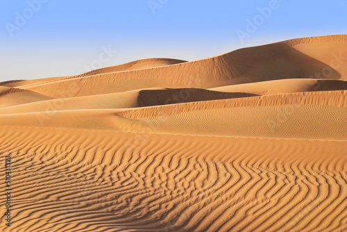 Desert landscape with warm orange sand dunes and blue skies
