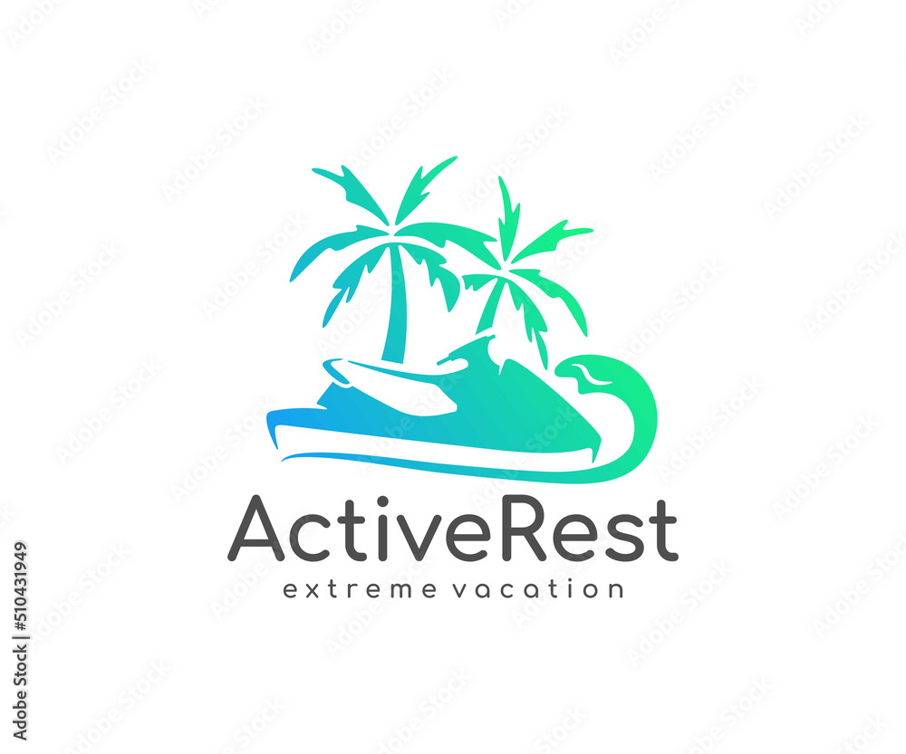 Active recreation on a jet ski logo design. Water scooter at tropical beach vector design. Watercraft at hot summer resort day logotype