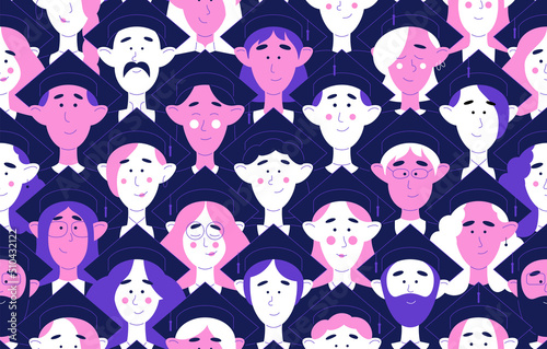 Seamless pattern graduates in pointed square hat with tassel. Vector illustration of students in mortarboard. Graduation Academy. Cartoon character template in violet colors in flat style with outline
