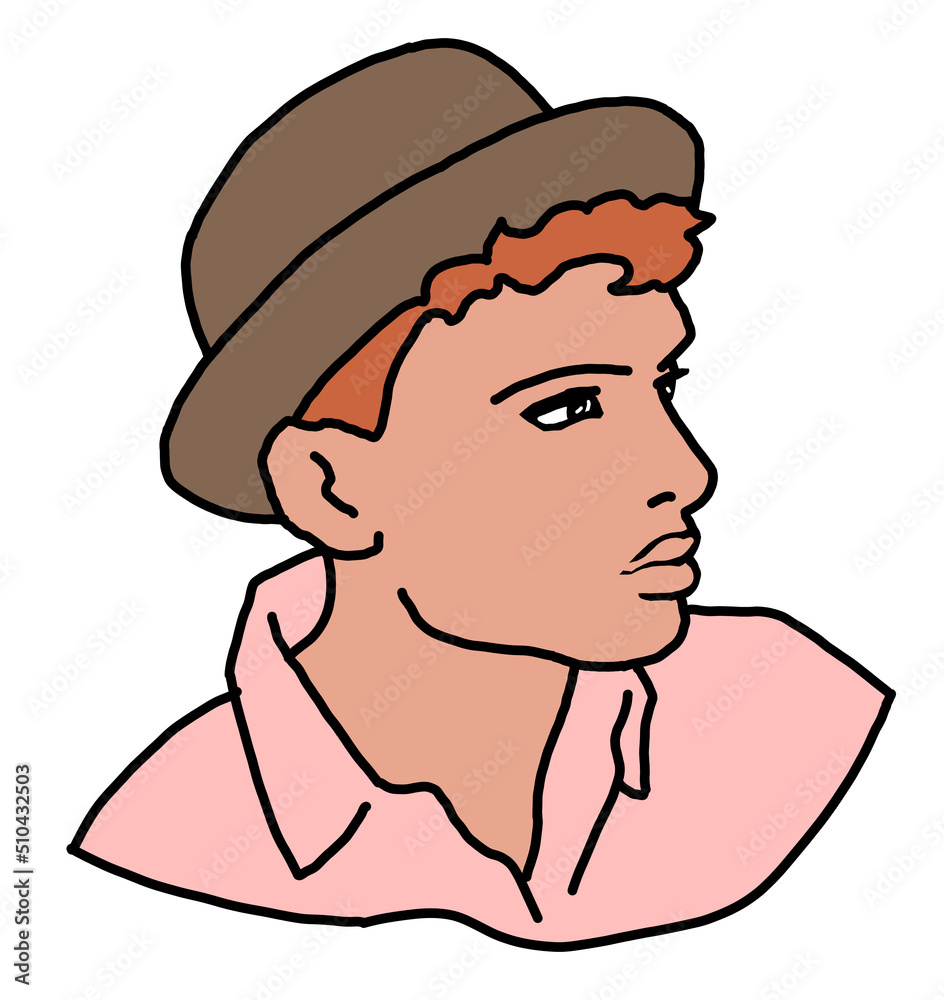 Handsome man wear stylish hat. Friendly face portrait. Street urban fashion for hipster, model, student, young, adult. Hand drawn retro vintage illustration. Old style comic cartoon drawing. Handsome man wear stylish hat. Friendly face portrait. Street urban fashion for hipster, model, student, young, adult. Hand drawn retro vintage illustration. Old style comic cartoon drawing.