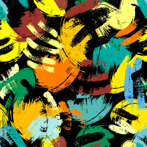 seamless background pattern, with stripes, paint strokes and splashes, on black