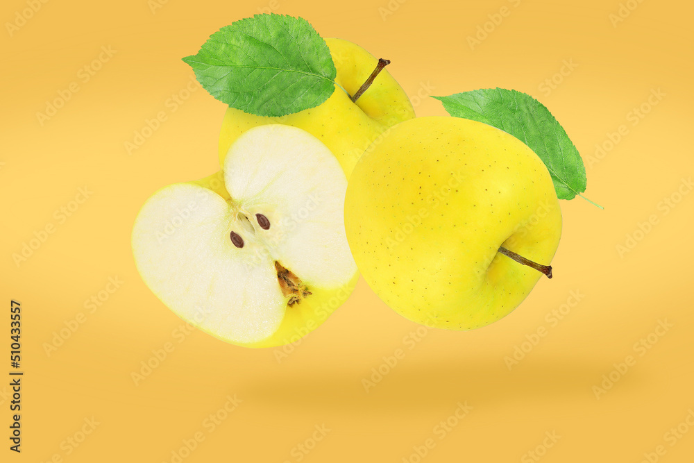 Falling or flying yellow apples. falling fruits Falling or flying yellow apples. falling fruits
