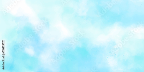 Blue watercolor sky background illustration. Abstract hand paint splash stain backdrop banner. Abstract light blue watercolor sky for background. Soft clouds in blue sky watercolor background. 